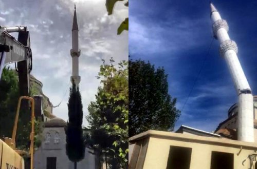 Qəzalı vəziyyətdə olan minarə polad kəndirlə uçurduldu – VİDEO