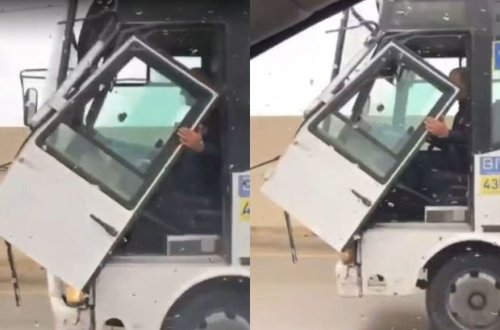 Bakıda avtobus sürücüsü qapını əlində aparır - VİDEO