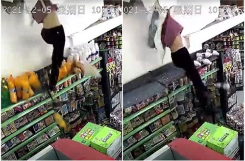 Çində evinin döşəməsi çökən qadın alt mərtəbədəki marketə düşdü – VİDEO