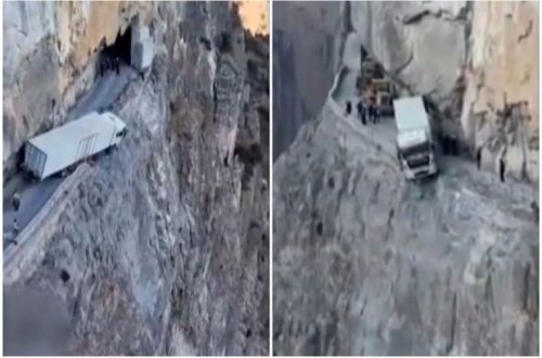 Çində yük maşını üç gün uçurumun kənarında asılı qalıb