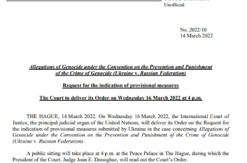 Haaqa Məhkəməsi martın 16-da Ukraynanın Rusiyaya qarşı iddiası üzrə qərar verəcək