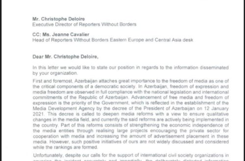 Azərbaycan Respublikasının Medianın İnkişafı Agentliyi “Sərhədsiz Reportyorlar” təşkilatına məktub ünvanlayıb