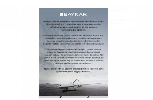 “Baykar” Ukraynaya 3 ədəd “Bayraktar” bağışlayacaq