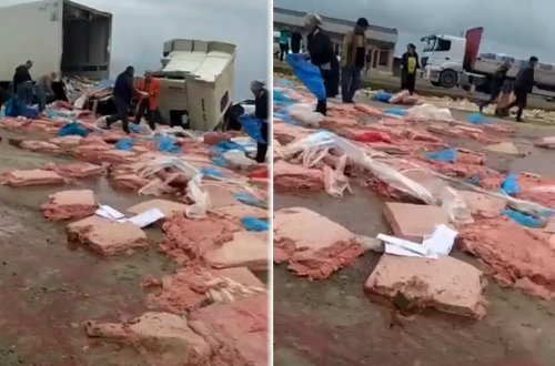 Siyəzəndə qəzada yola dağılan kolbasa ətlərini vətəndaşlar belə daşıdılar - VİDEO