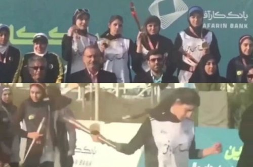 İranlı idmançı qız Tehranda mükafatlandırma mərasimində hicabını açdı - VİDEO