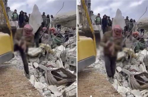 Suriyada dağıntılar altında körpə dünyaya gəldi - Video