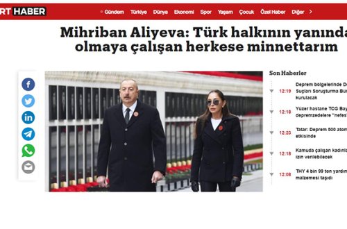 Mehriban Əliyevanın paylaşımı Türkiyə mediasının gündəmində