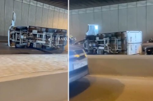 Bakıda yük maşını aşdı: Yolda hərəkət çətinləşdi - VİDEO