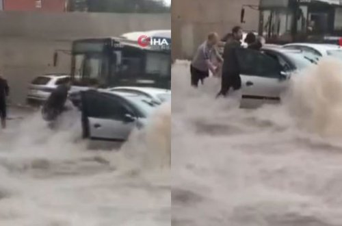 Türkiyədə sel zamanı köməksiz qalan sürücünün xilasedilmə görüntüləri - VİDEO