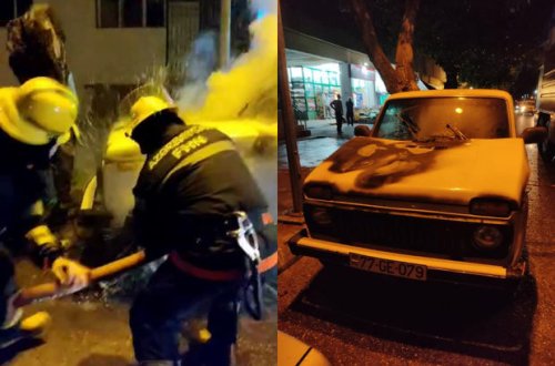 Bakıda yanan avtomobilin söndürülməsinin görüntüləri - VİDEO