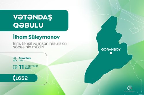 Elm, təhsil və insan resursları şöbəsinin müdiri İlham Süleymanov Goranboyda vətəndaşları qəbul edəcək
