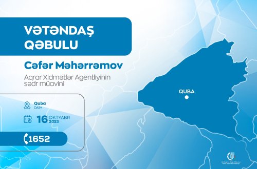 Aqrar Xidmətlər Agentliyinin sədr müavini Cəfər Məhərrəmov Qubada vətəndaşları qəbul edəcək