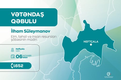Elm, təhsil və insan resursları şöbəsinin müdiri İlham Süleymanov Neftçalada vətəndaşları qəbul edəcək