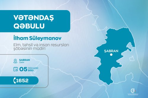 Elm, təhsil və insan resursları şöbəsinin müdiri İlham Süleymanov Şabranda vətəndaşları qəbul edəcək
