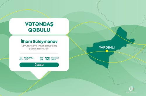 Kənd Təsərrüfatı Nazirliyinin Elm, təhsil və insan resursları şöbəsinin müdiri İlham Süleymanov Yardımlıda vətəndaşları qəbul edəcək