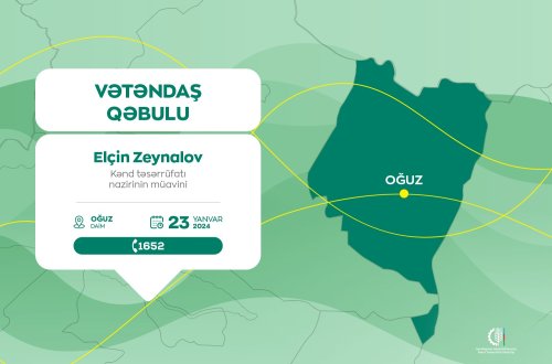 Kənd təsərrüfatı nazirinin müavini Elçin Zeynalov Oğuzda vətəndaşları qəbul edəcək