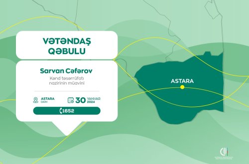 Kənd təsərrüfatı nazirinin müavini Sarvan Cəfərov Astarada vətəndaşları qəbul edəcək