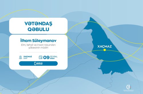 Kənd Təsərrüfatı Nazirliyinin Elm, təhsil və insan resursları şöbəsinin müdiri İlham Süleymanov Xaçmazda vətəndaşları qəbul edəcək