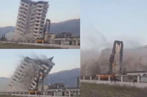 Türkiyədə 11 mərtəbəli binanı kəndirlə dartaraq uçurdular - VİDEO