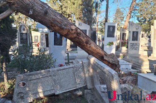 Güclü külək Mingəçevirdə qəbiristanlığı dağıtdı - FOTOLAR