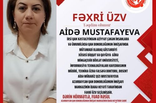 Aida Mustafayeva- Azərbaycan Qan Donor Mərkəzinin fəxri üzvü seçilib